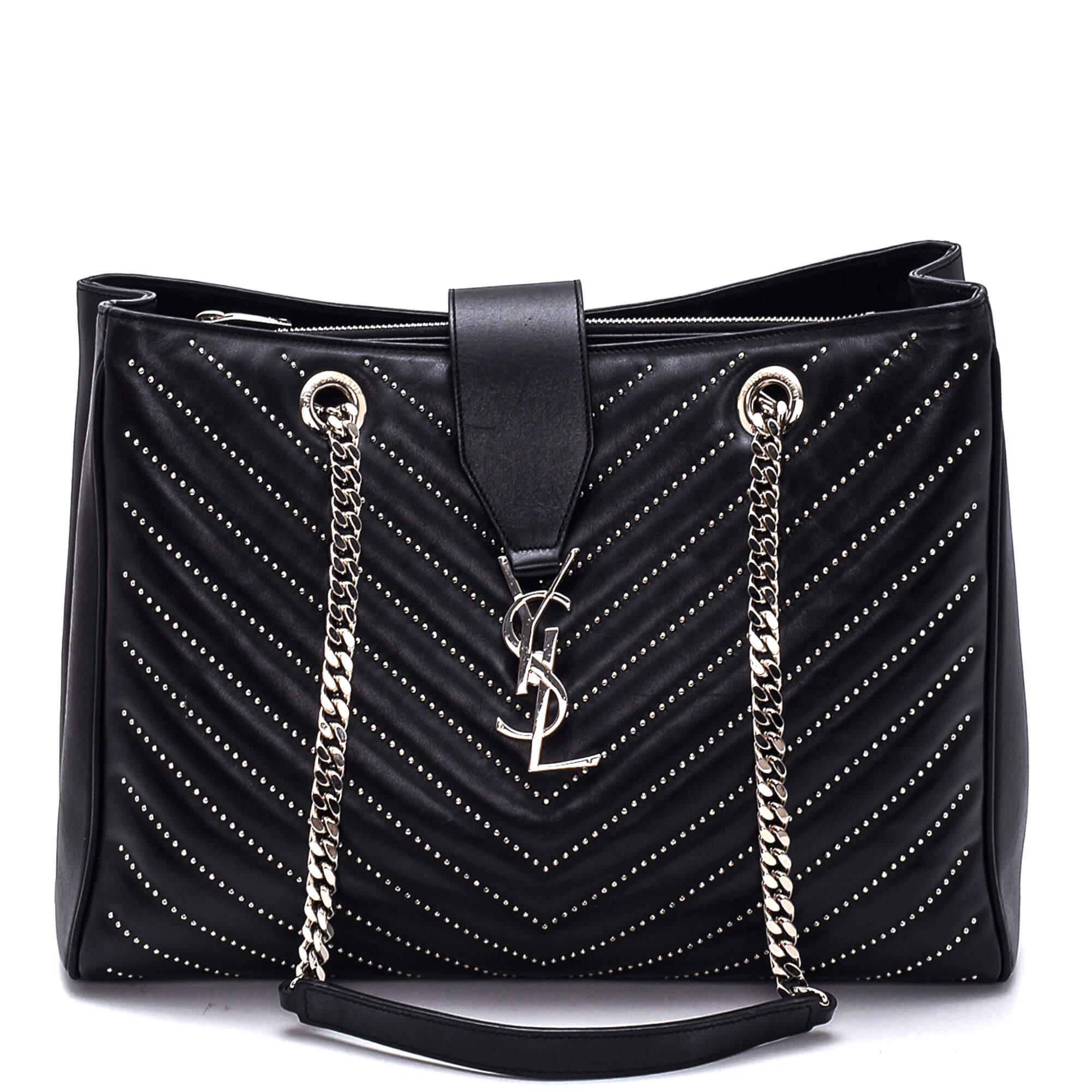 Yves Saint Laurent - Black Studded Chevron Leather Monogram Tote Bag